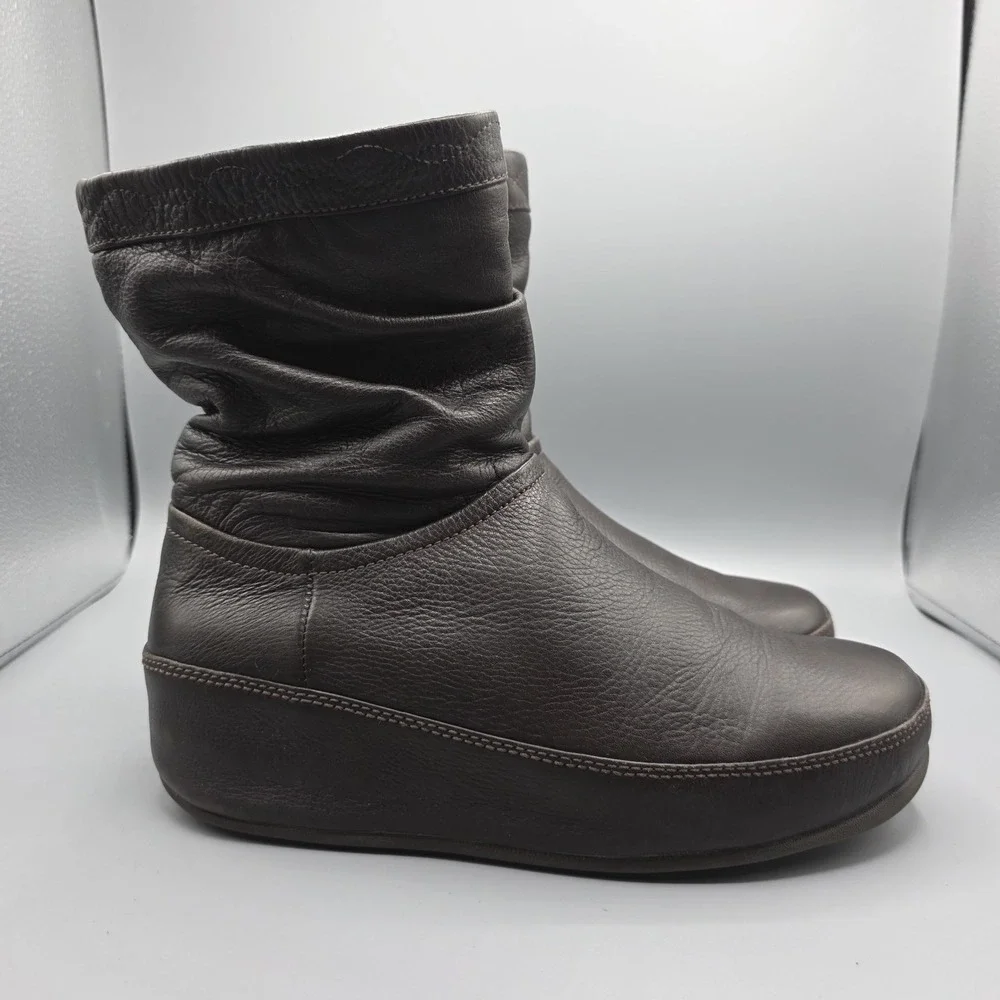 Fitflop Crush‎ Boots Womens 8 Brown Leather  Platform Comfort Shoes Slouchy Zip